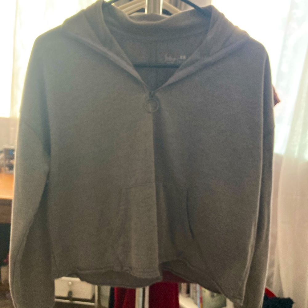 Grey fleece lined cropped quarter zip sweatshirt.